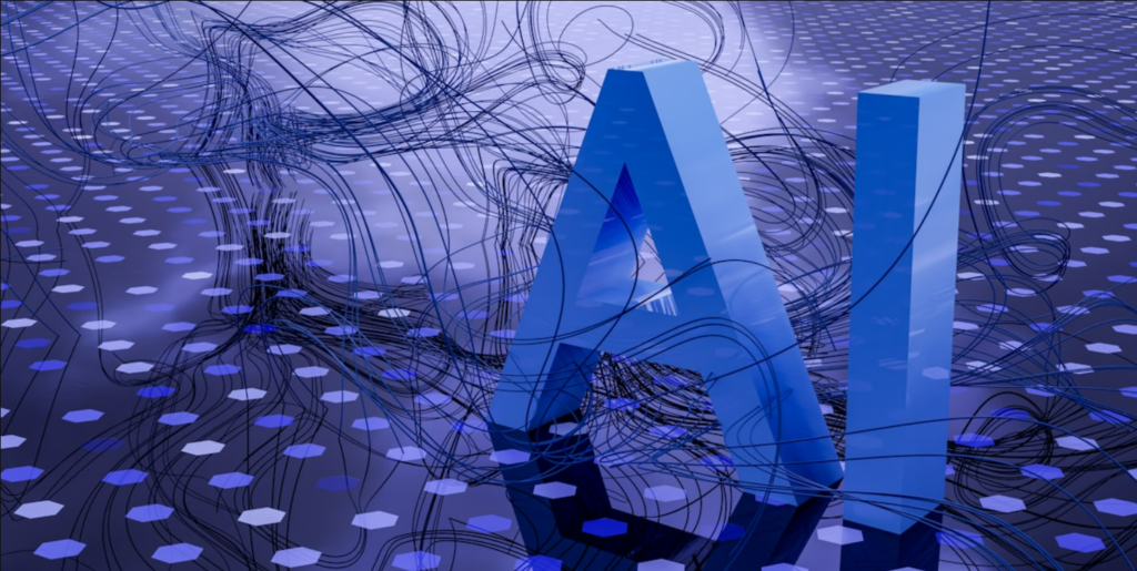 Futuristic AI robot working autonomously in a digital workspace with holographic interfaces and data streams